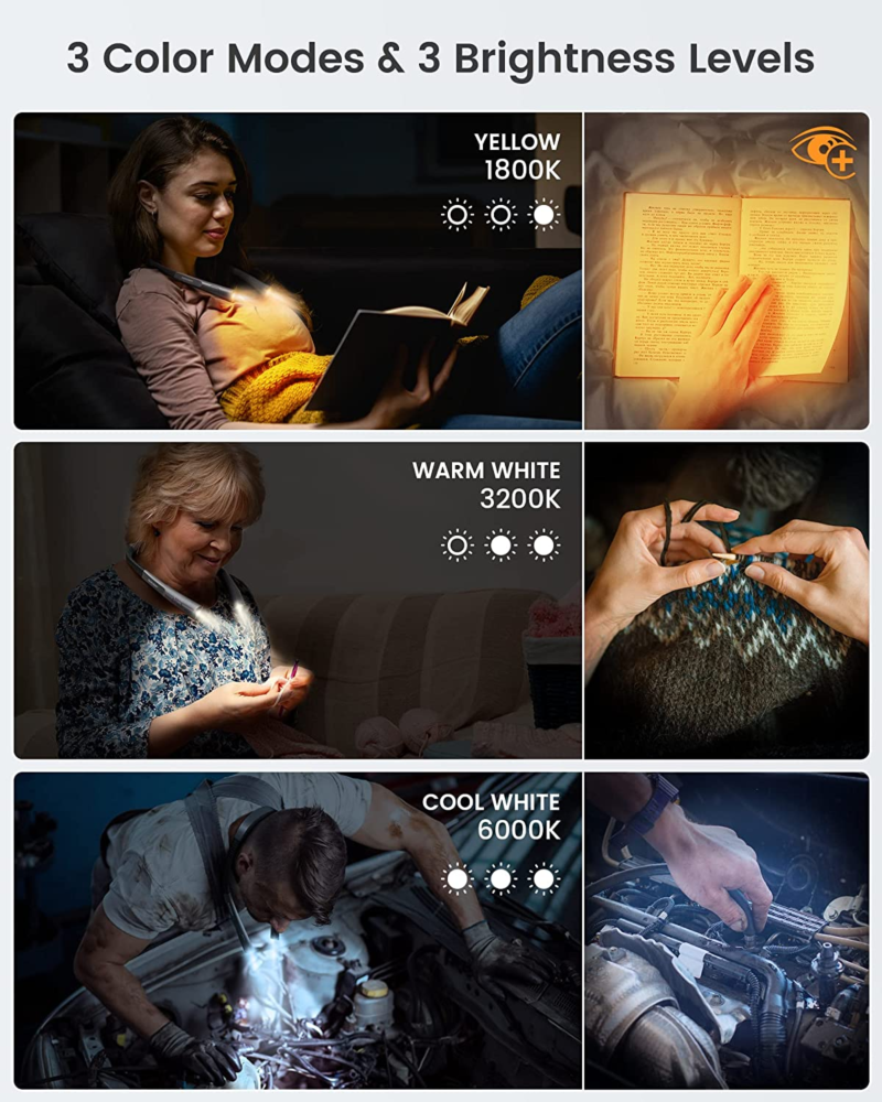 Rechargeable Neck Light for Bedtime Reading: 80+ Hours Battery Life, 3 Colors, and 6 Brightness Levels - Image 6