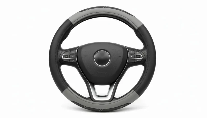 Deluxe Grey & Black Leather Steering Wheel Cover – Universal Fit - Image 3
