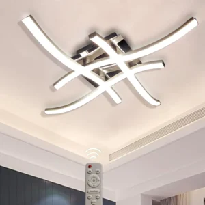 4 Way Crossed LED Ceiling Light - 28W 2800LM Chrome Finish Metal LED Ceiling Lamp for Living Room, Bedroom, Hallway (Remote Included)