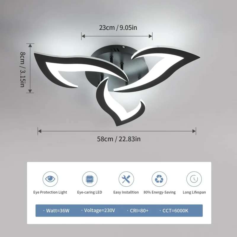 36W 3240LM Modern Design Ceiling Lighting - 3 LED Ceilings Light Black Flower Fittings Ceilings for Bedroom, Dining Room 6500K Cool White - Image 2