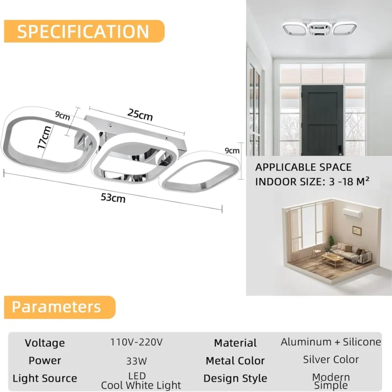 33W Modern 3 Squares LED Ceiling Light For Hallway Bedroom Living Room Kitchen Office Entrance - Image 8
