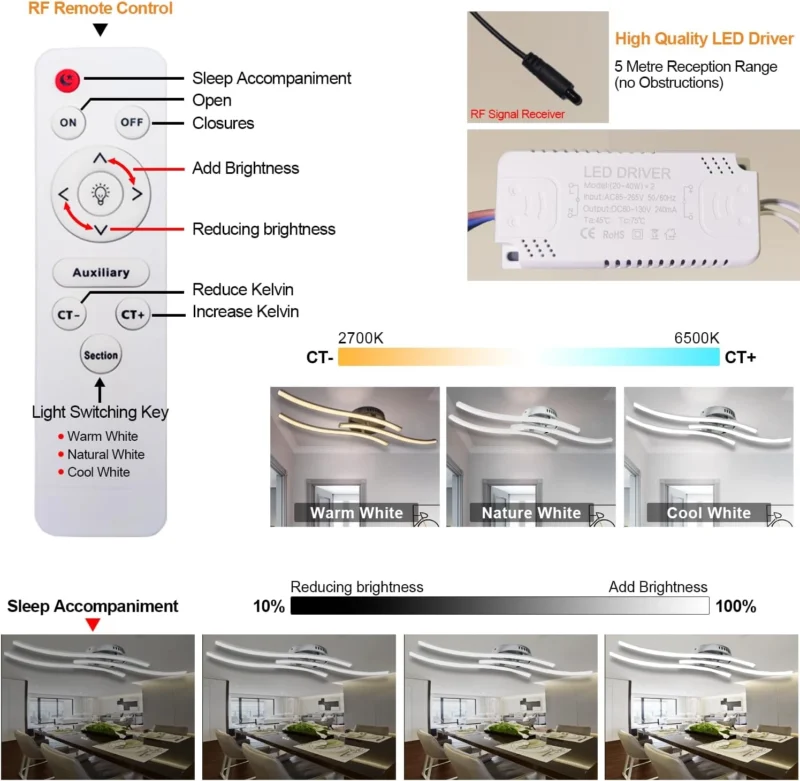 3 Way Parallel 22W LED Ceiling Light with Remote Control - Chrome Finish Metal Ceiling Lighting for Living Room, Bedroom, Hallway - Image 4