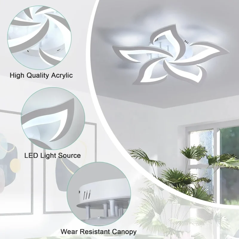 60W 5400LM Modern Design Ceiling Lighting, 5 White Flower Fittings of Ceiling Lights for Dining Room 6500K Cool White - Image 3