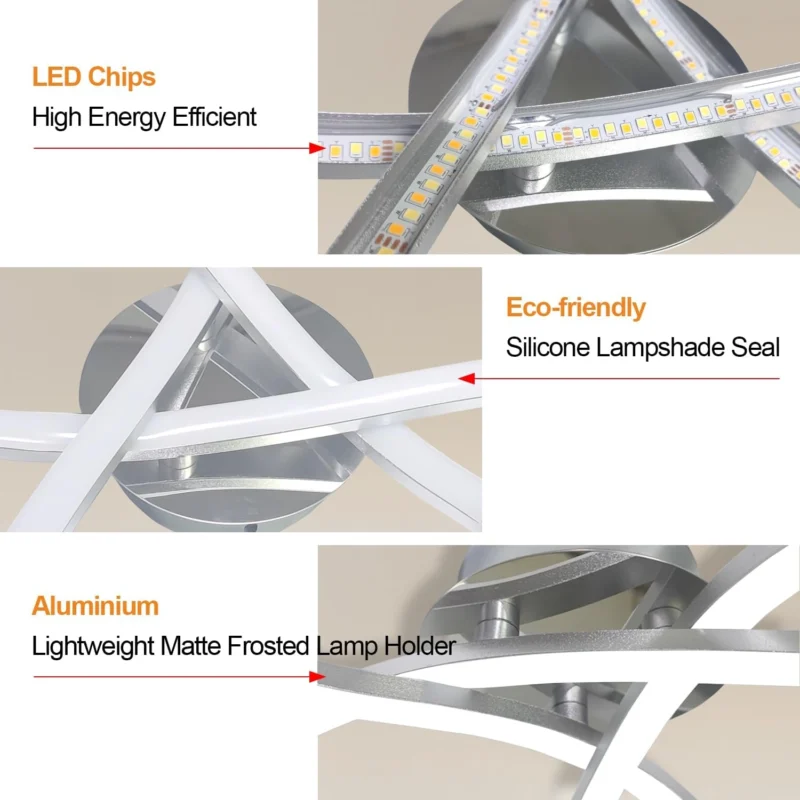 22W 2200LM Wave Design Chrome Finish Metal LED Lamp, Boards Fixture Lighting for Living Room, Bedroom, Hallway - 3 Way Crossed LED Light - Image 3