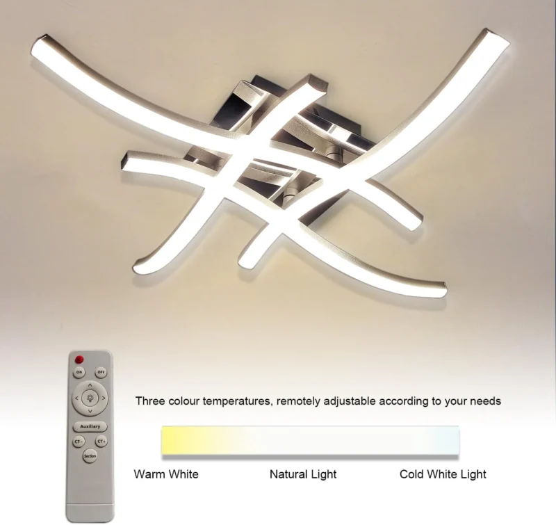 4 Way Crossed LED Ceiling Light - 28W 2800LM Chrome Finish Metal LED Ceiling Lamp for Living Room, Bedroom, Hallway (Remote Included) - Image 6