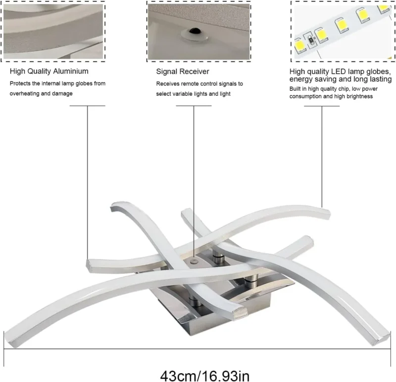 4 Way Crossed LED Ceiling Light - 28W 2800LM Chrome Finish Metal LED Ceiling Lamp for Living Room, Bedroom, Hallway (Remote Included) - Image 7