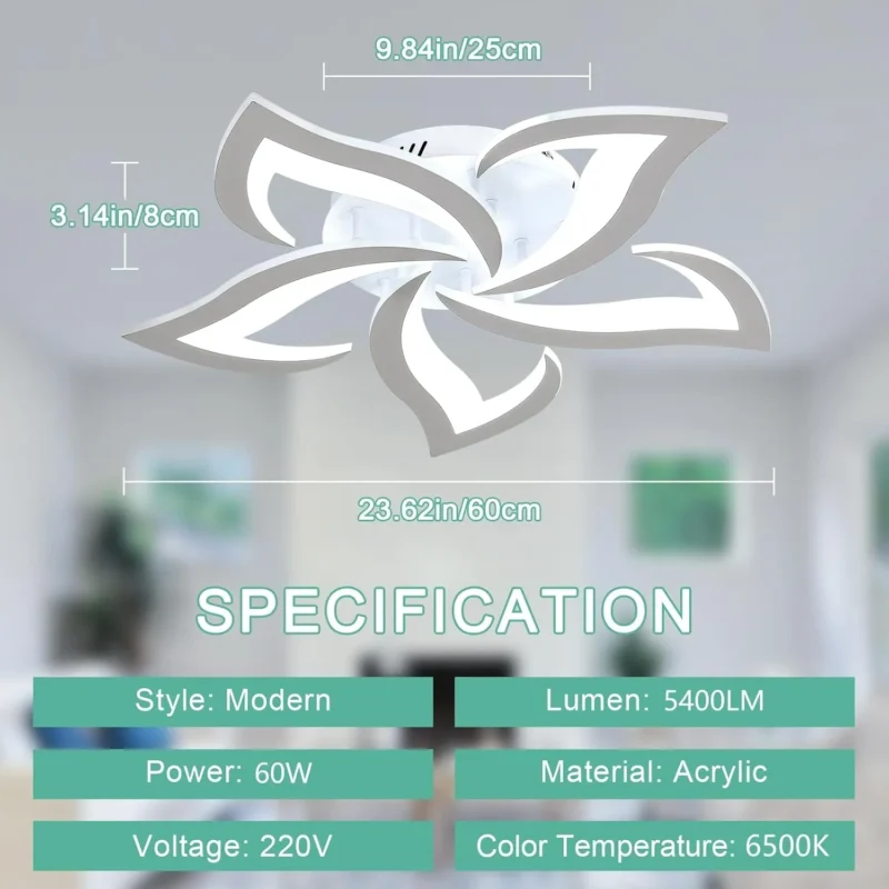 60W 5400LM Modern Design Ceiling Lighting, 5 White Flower Fittings of Ceiling Lights for Dining Room 6500K Cool White - Image 6